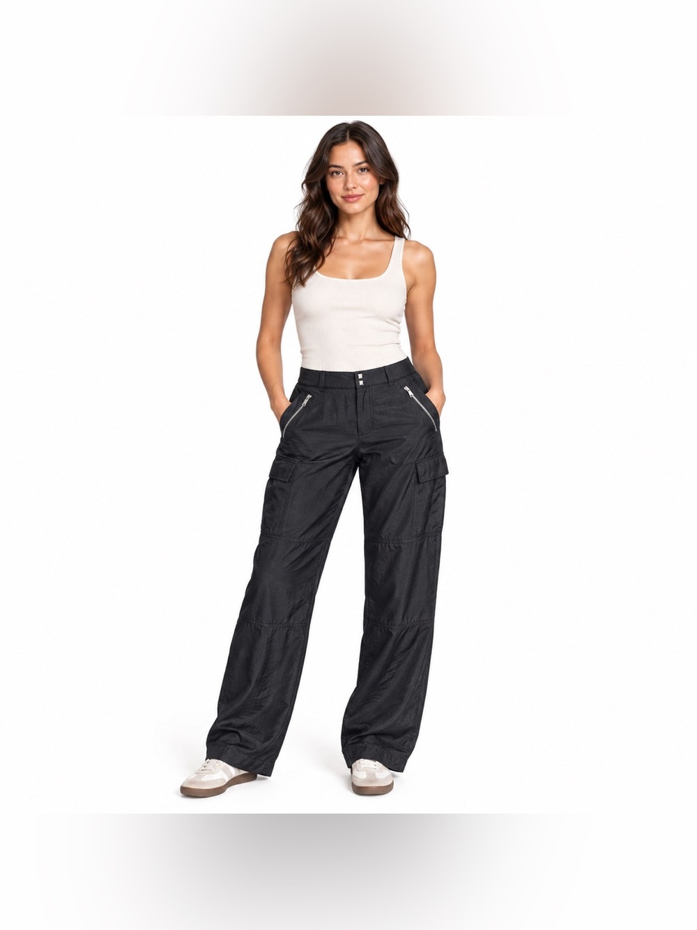 DKNY Black Cargo Pants Size 6 Silver Zipper Pockets Utility Streetwear